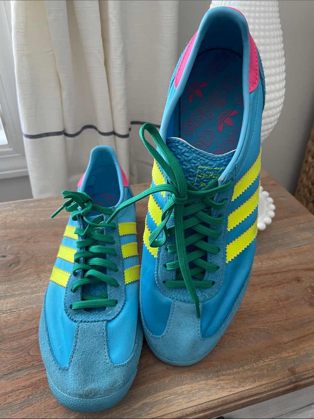 adidas Teal Sneakers with Yellow Stripes and Green Laces